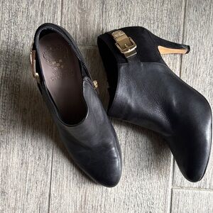 Vince Camuto Black Leather Ankle Booties with Gold Buckle